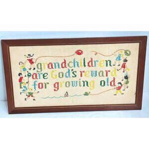 Cross Stitch "Grandchildren God's Rewards" Framed Wall Art Sampler Gift Mother's